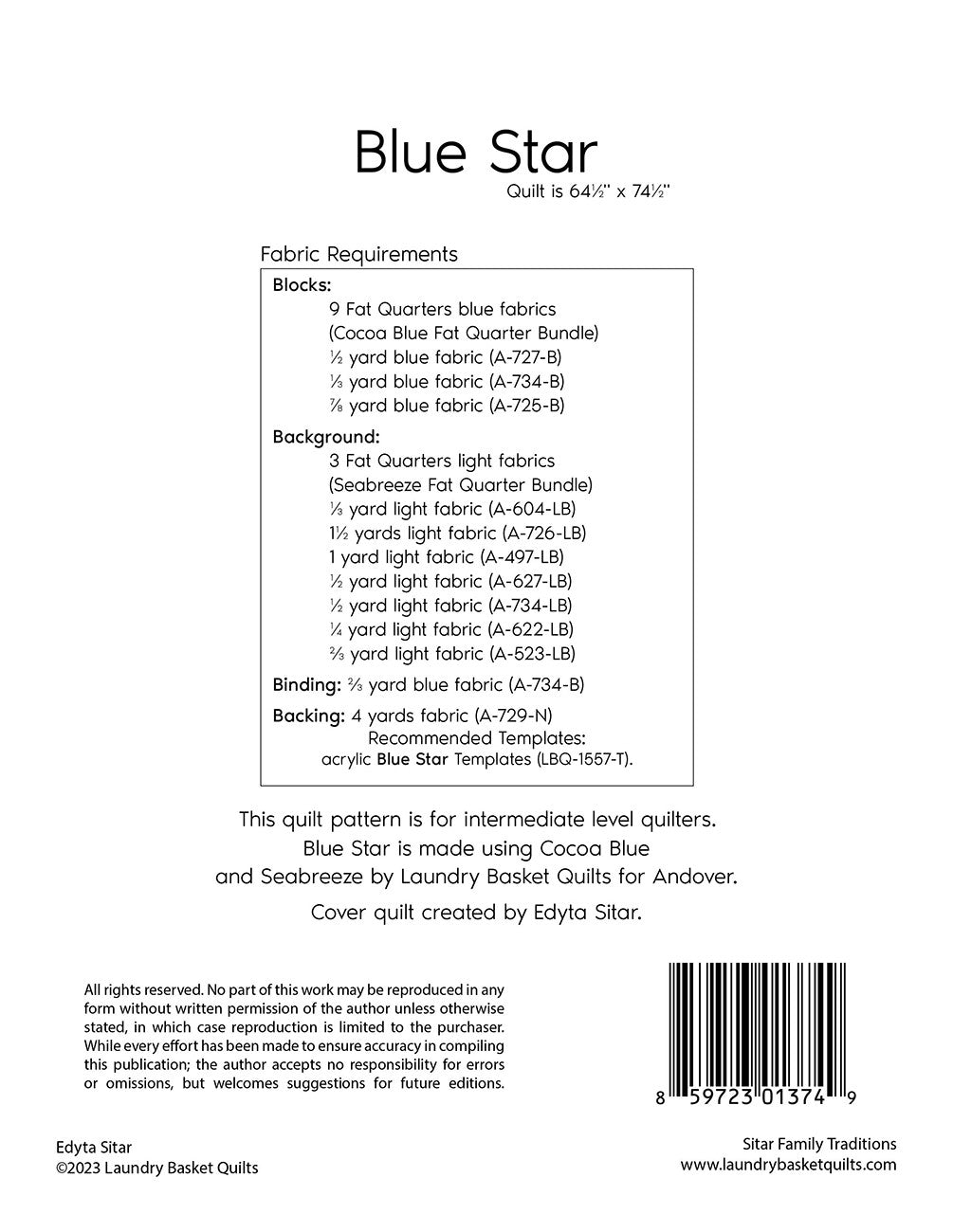Back of the Blue Star Quilt Pattern by Laundry Basket