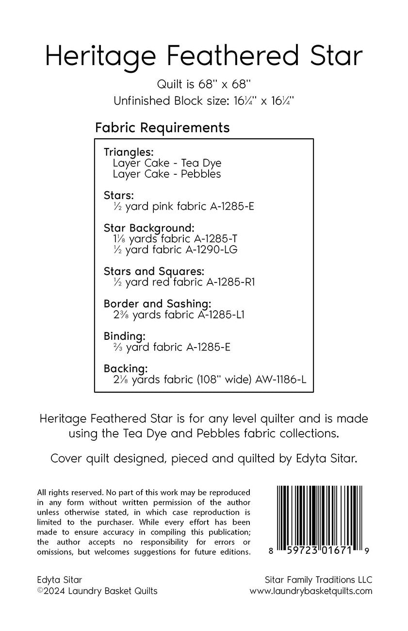 Back of the Heritage Feathered Star Quilt Pattern by Laundry Basket