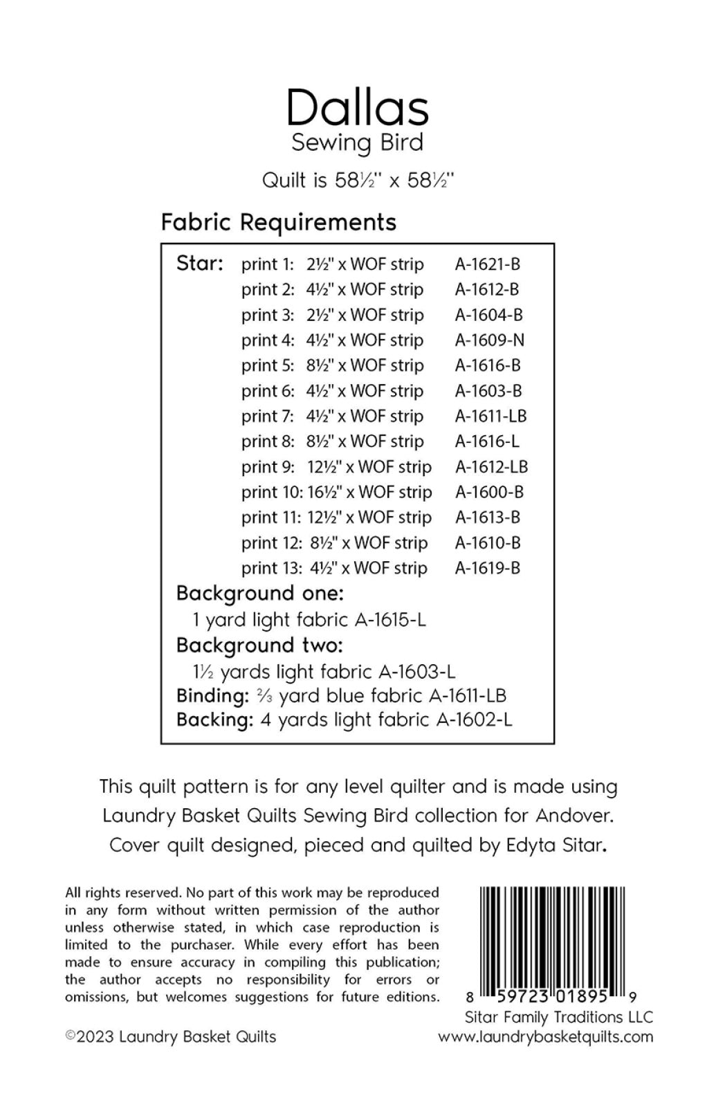 Back of the Dallas - Sewing Bird by Laundry Basket Quilts