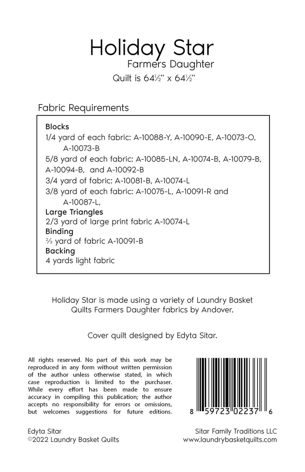 Back of the Holiday Star - Farmers Daughter Quilt Pattern by Laundry Basket Quilts