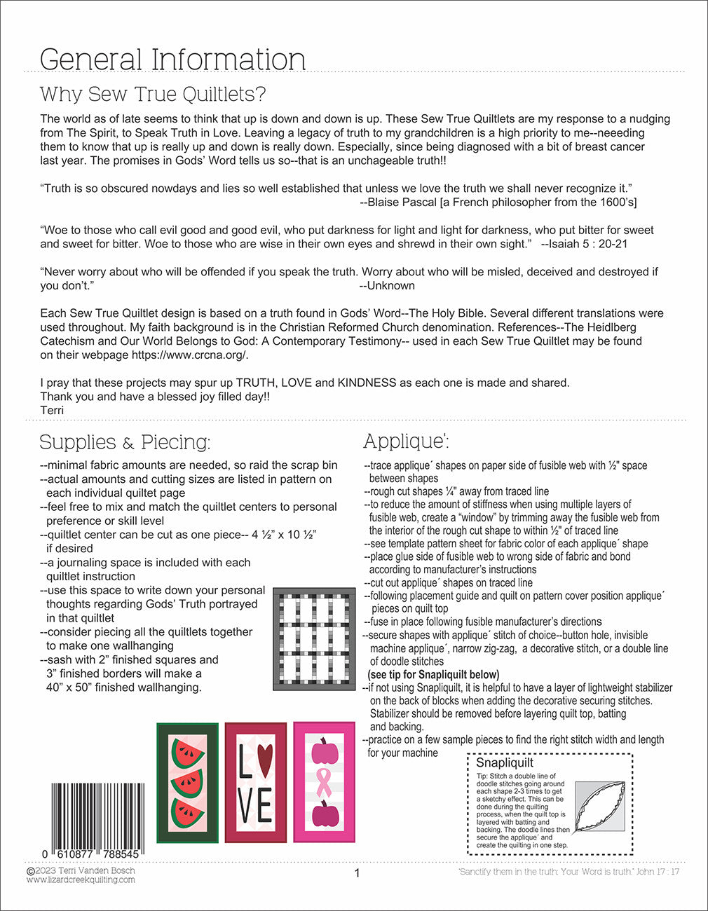 Back of the Sew True Quiltlets Pattern by Lizard Creek Quilting