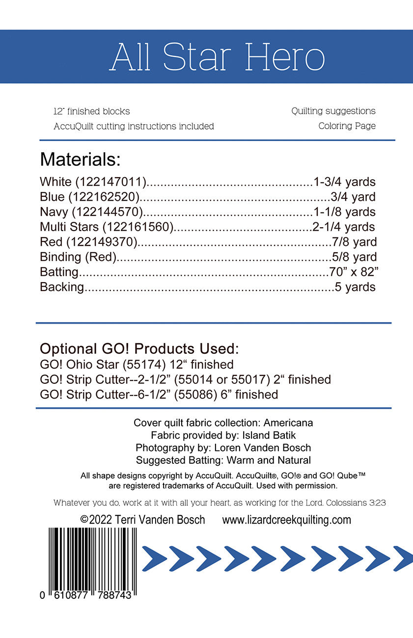 Back of the All Star Hero Quilt Pattern by Lizard Creek Quilting