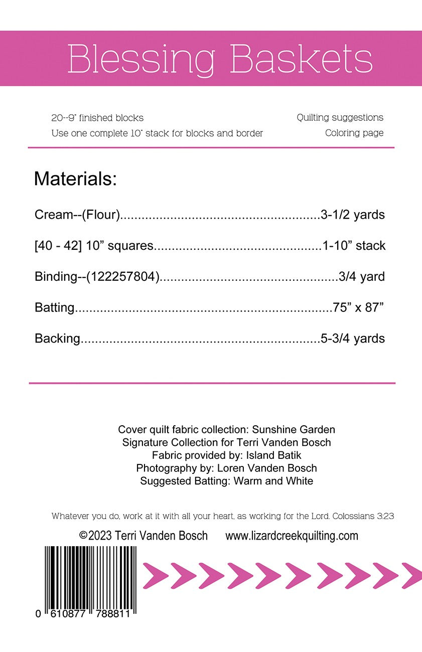 Back of the Blessing Baskets Quilt Pattern by Lizard Creek Quilting