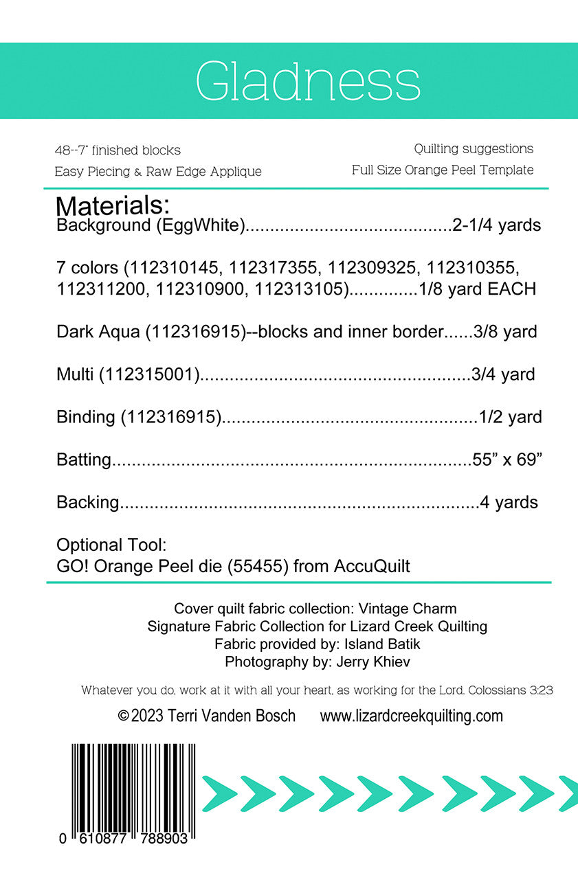 Back of the Gladness Quilt Pattern by Lizard Creek Quilting