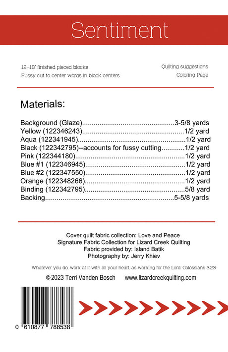 Back of the Sentiment Quilt Pattern by Lizard Creek Quilting