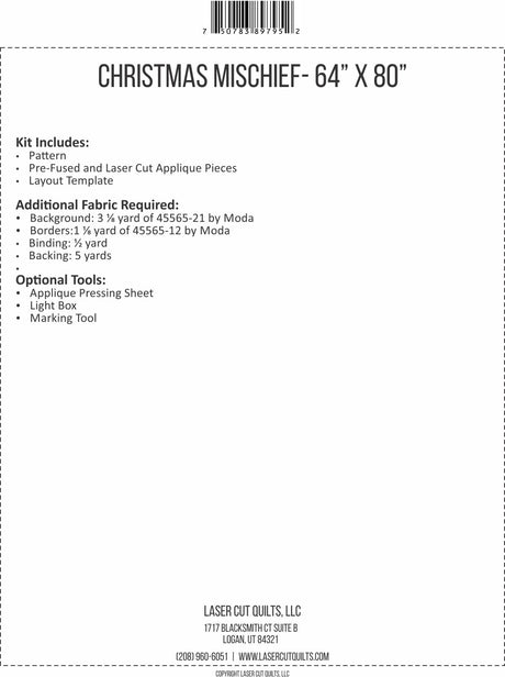 Back of the Christmas Mischief Quilt Kit by Laser Cut Quilts