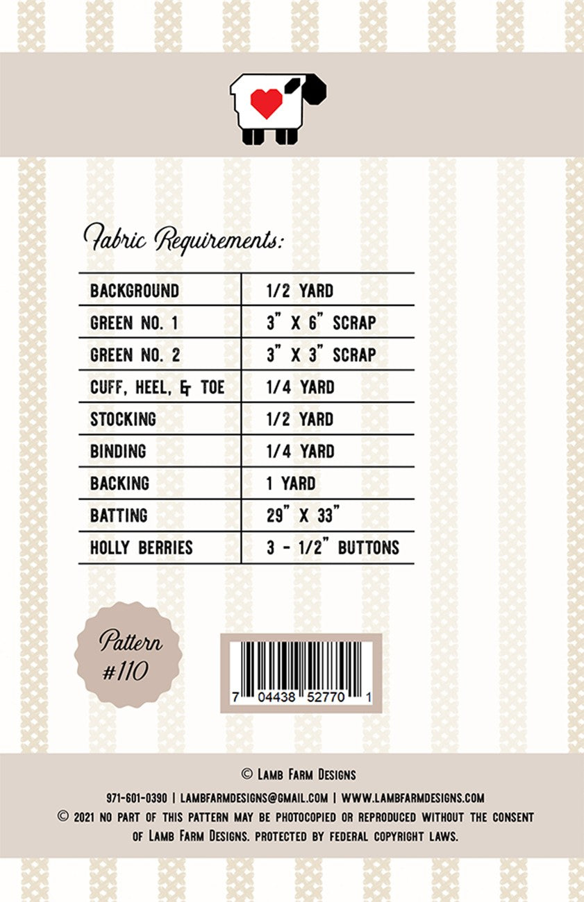 back of the Holly Jolly Stocking Quilt Pattern by Lamb Farm Designs