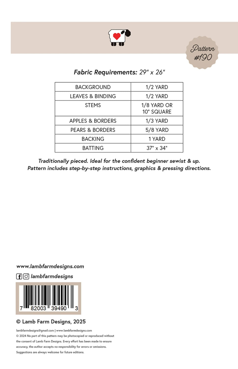 Back of the Nature's Bounty Quilt Pattern by Lamb Farm Designs