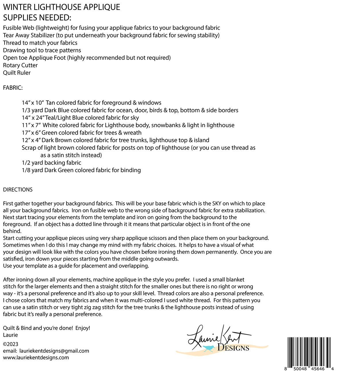 Back of the Winter Lighthouse Machine Applique Pattern by Laurie Kent Designs