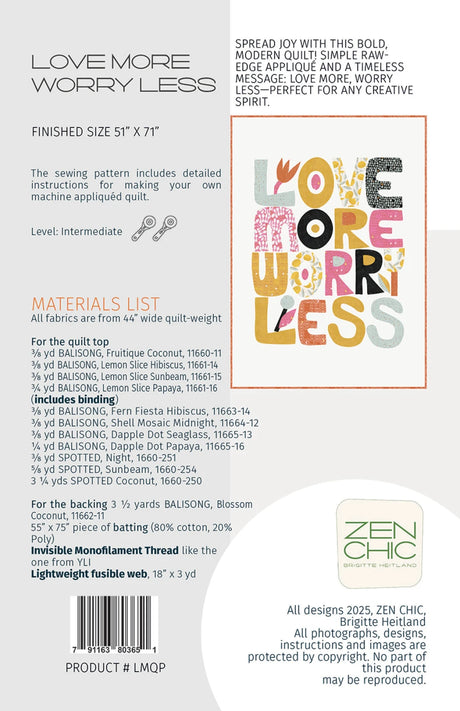 Back of the Love More Worry Less Quilt Pattern by Zen Chic