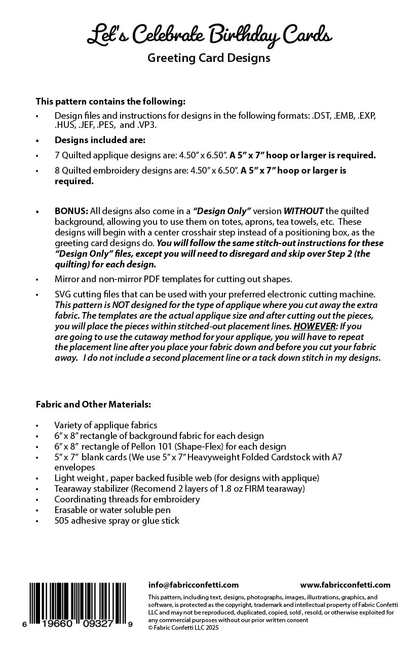 Back of the Let's Celebrate Birthday Cards Downloadable Pattern by Fabric Confetti