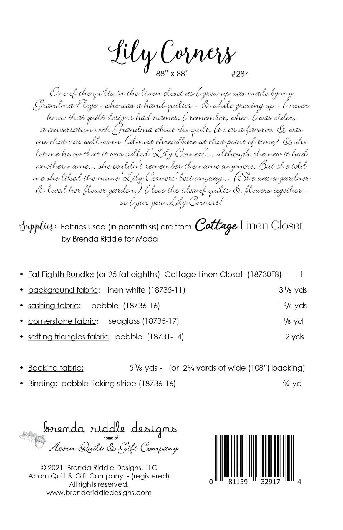 Back of the Lily Corners Quilt Pattern by Brenda Riddle Designs