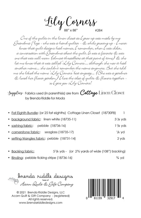 Back of the Lily Corners Quilt Pattern by Brenda Riddle Designs