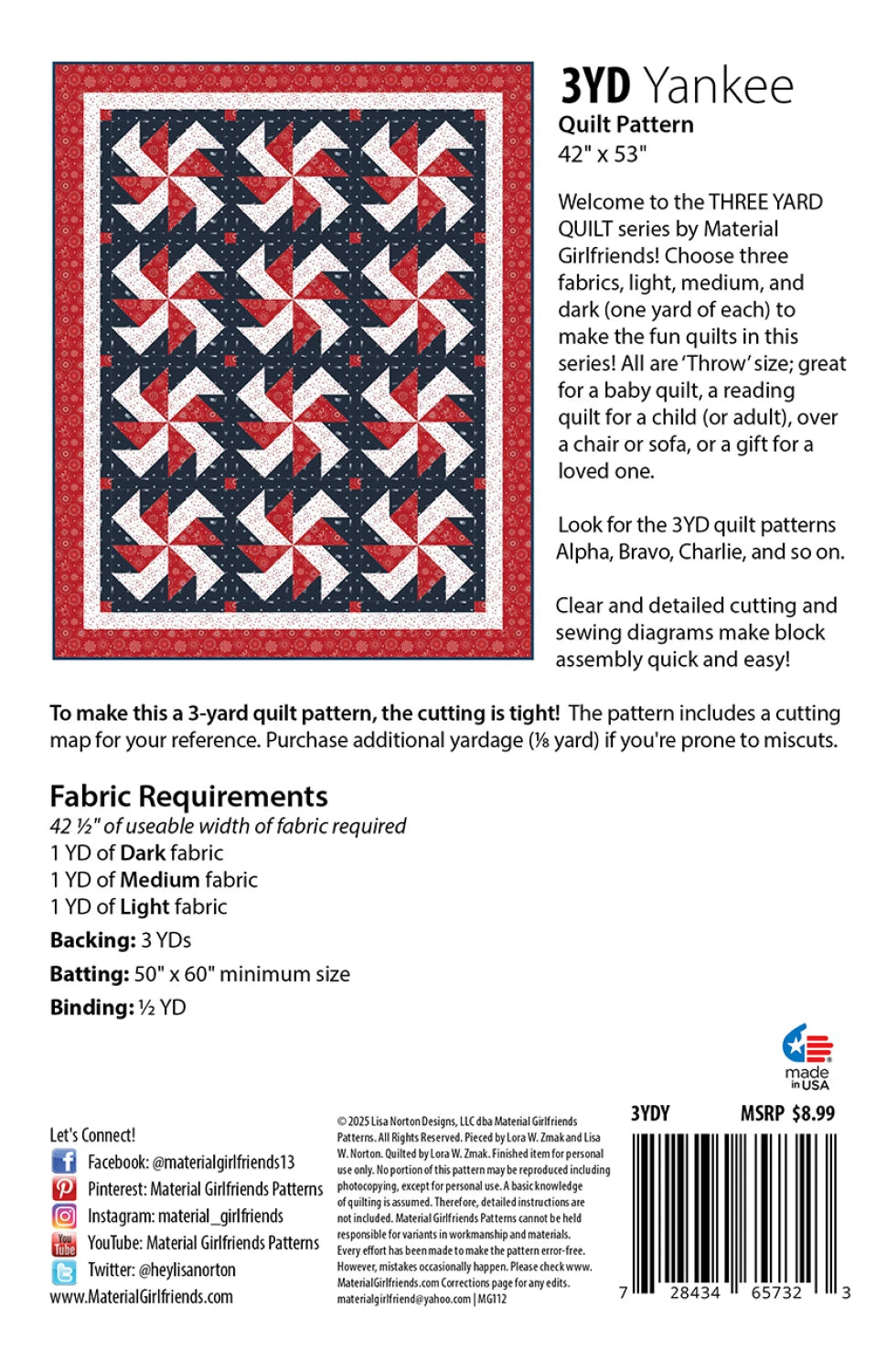 Back of the 3yd Yankee Quilt Pattern by Material Girlfriends