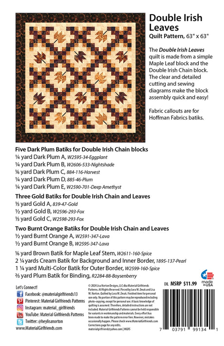 Back of the Double Irish Leaves Quilt Pattern by Material Girlfriends