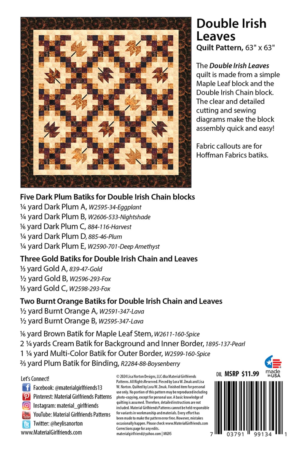 Back of the Double Irish Leaves Quilt Pattern by Material Girlfriends