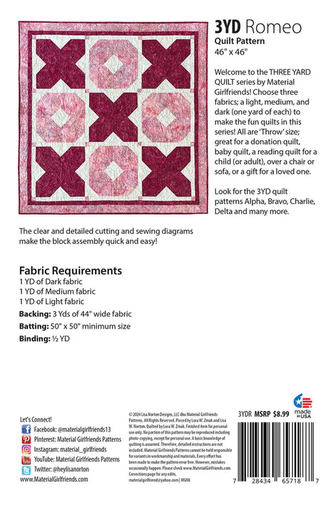 Back of the 3yd Romeo Quilt Pattern by Material Girlfriends