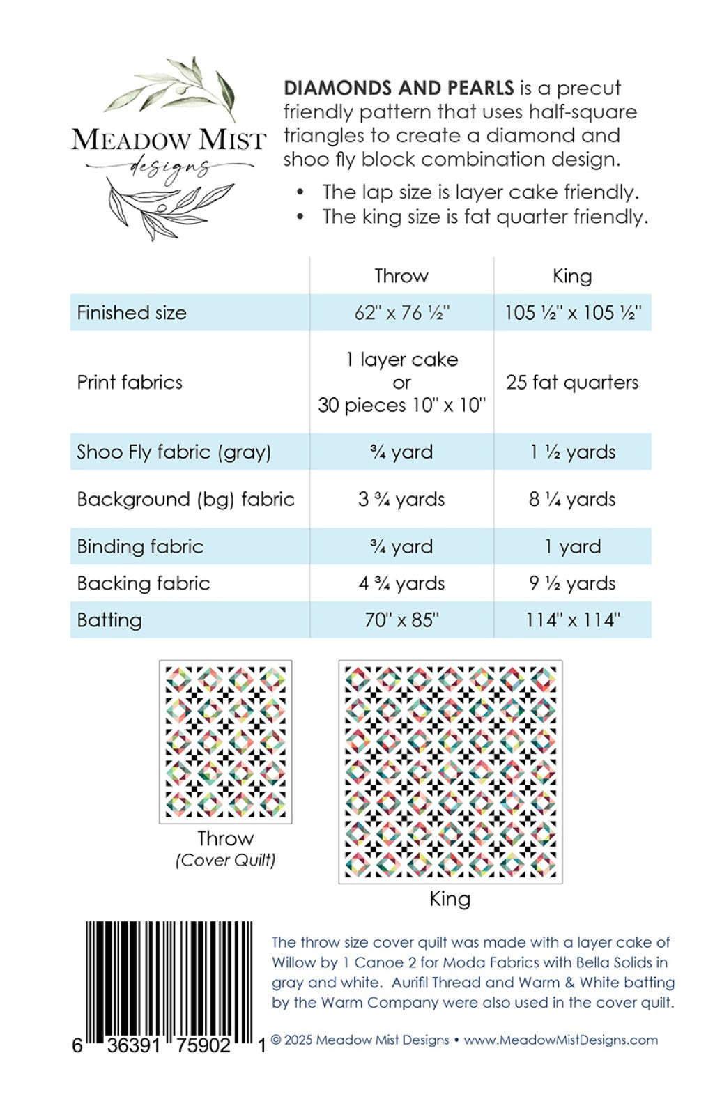 Back of the Diamonds and Pearls Quilt Pattern by Meadow Mist Designs