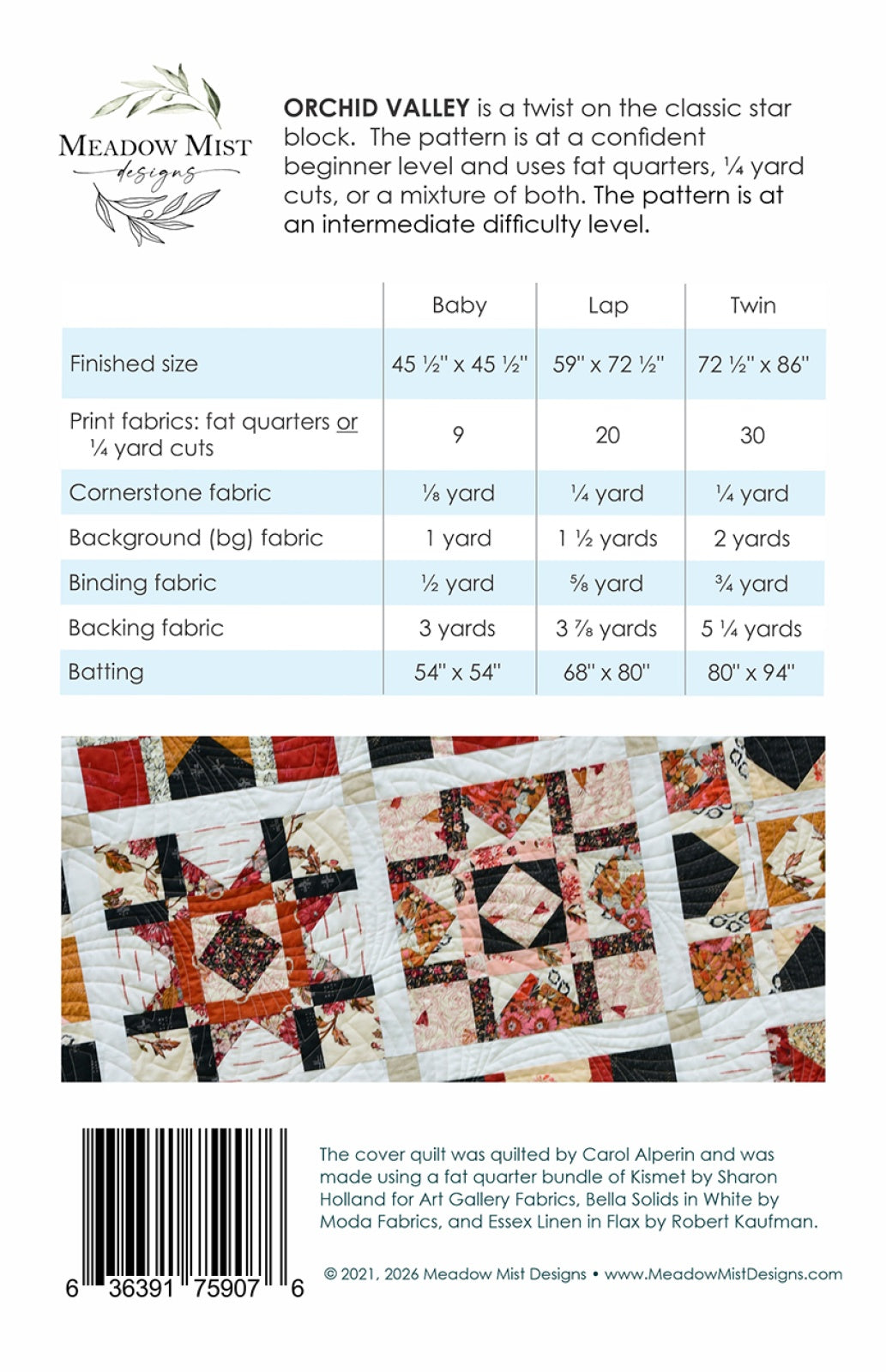 Back of the Orchid Valley Quilt Pattern by Meadow Mist Designs