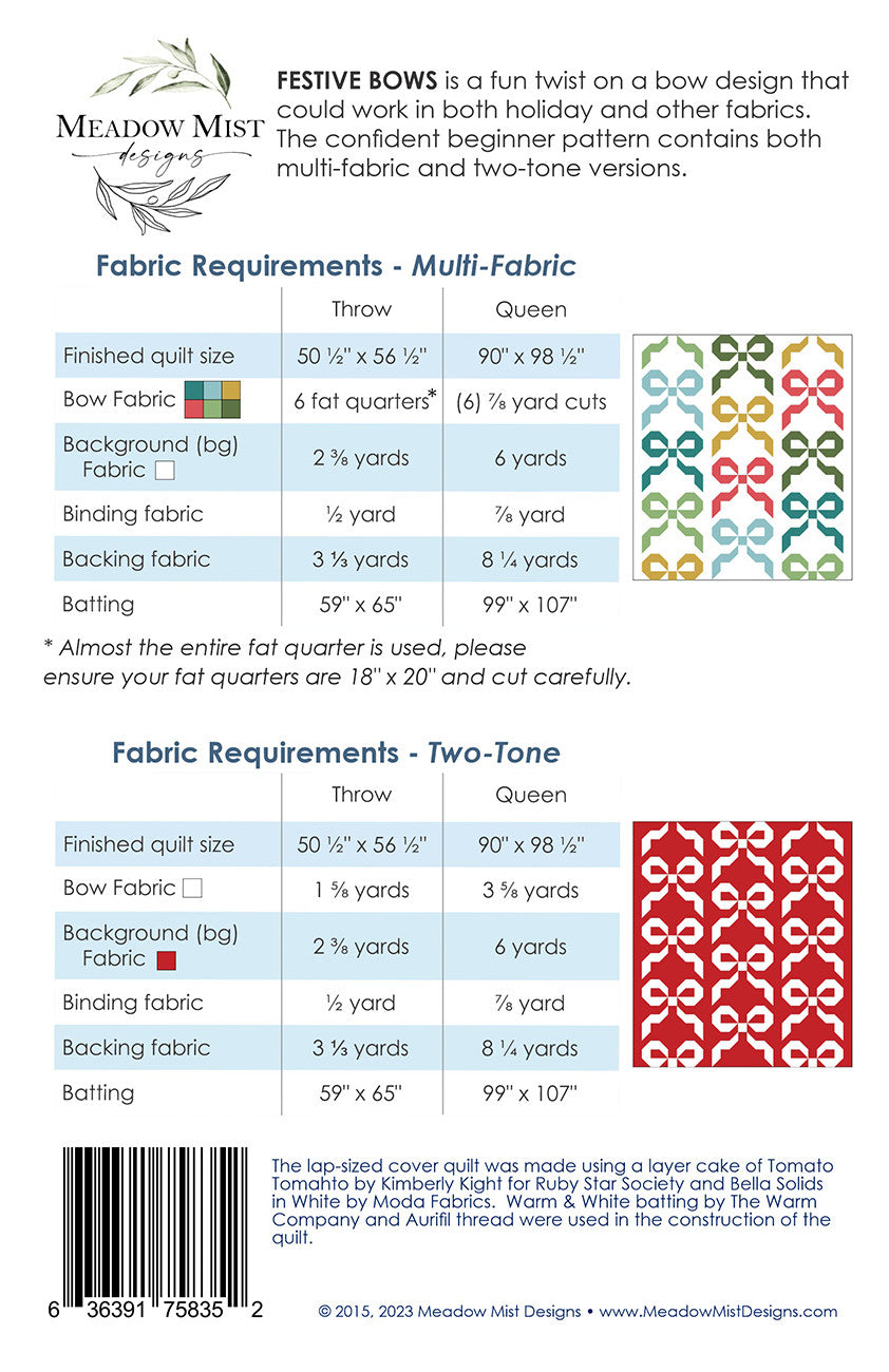 Back of the Festive Bows Quilt Pattern by Meadow Mist Designs