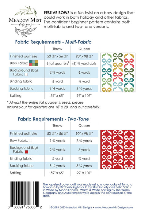 Back of the Festive Bows Quilt Pattern by Meadow Mist Designs