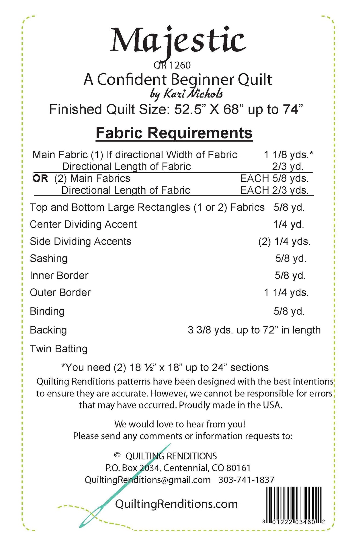 Back of the Majestic Downloadable Pattern by Quilting Renditions