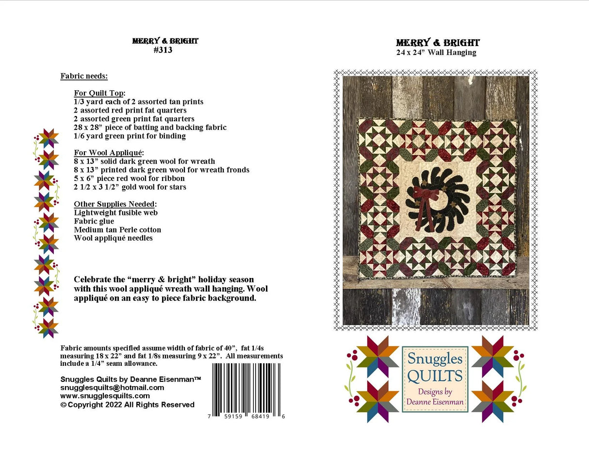 Back of the Merry & Bright Wool Applique Quilt Pattern by Snuggles Quilts