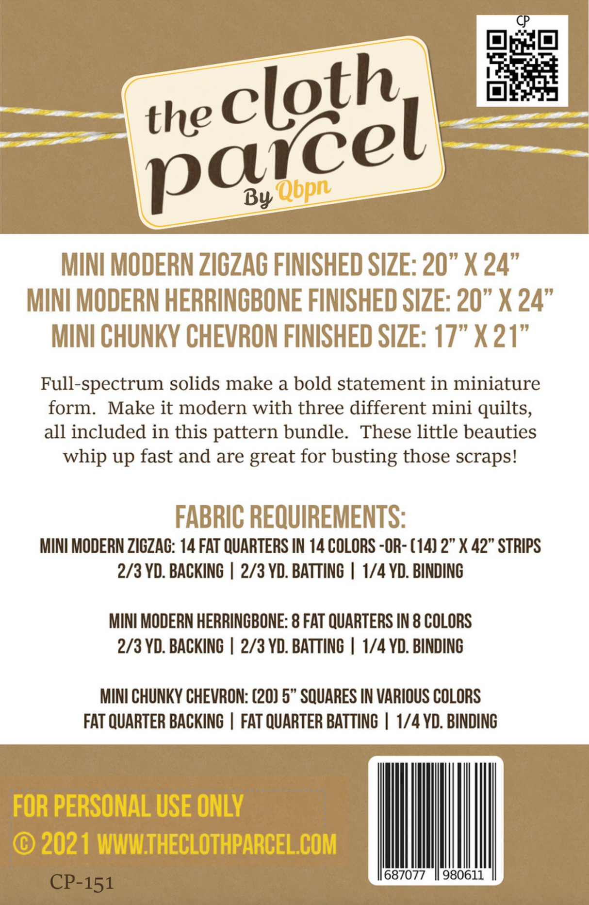 Back of the Mini Modern Zigzag Quilt Downloadable Pattern by Cloth Parcel