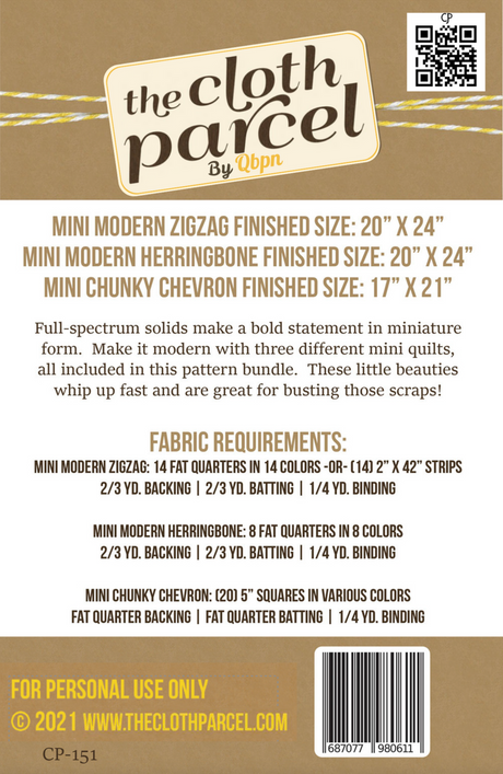 Back of the Mini Modern Zigzag Quilt Downloadable Pattern by Cloth Parcel