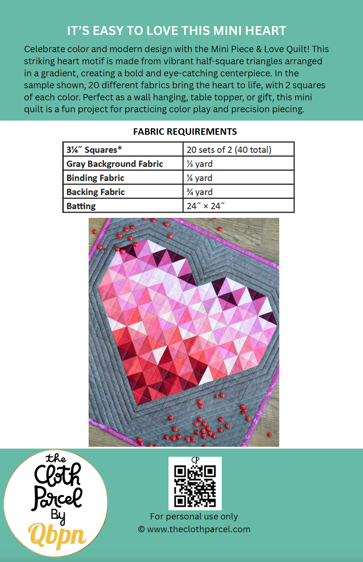 Back of the Mini Piece & Love Quilt Downloadable Pattern by Cloth Parcel