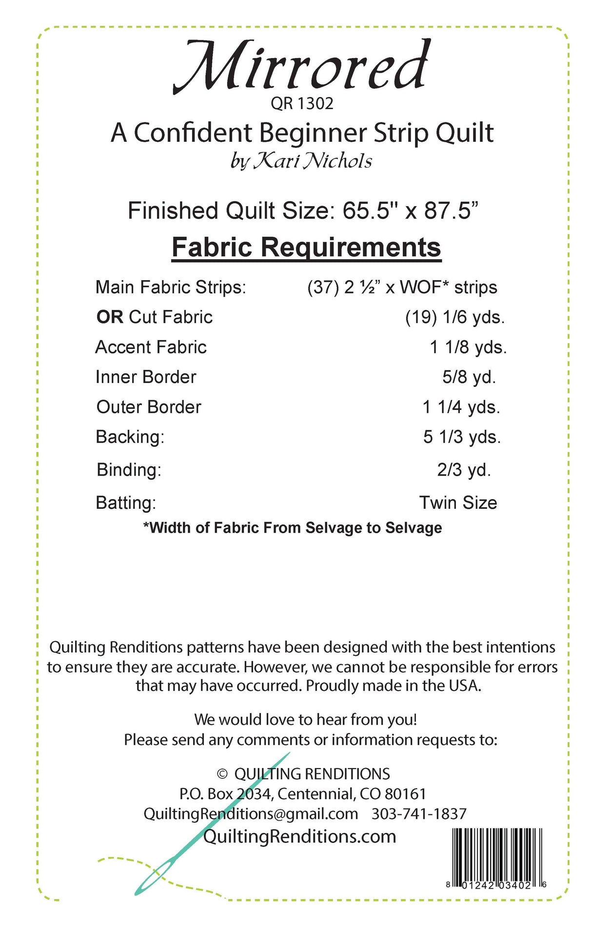 Back of the Mirrored Quilt Pattern by Quilting Renditions