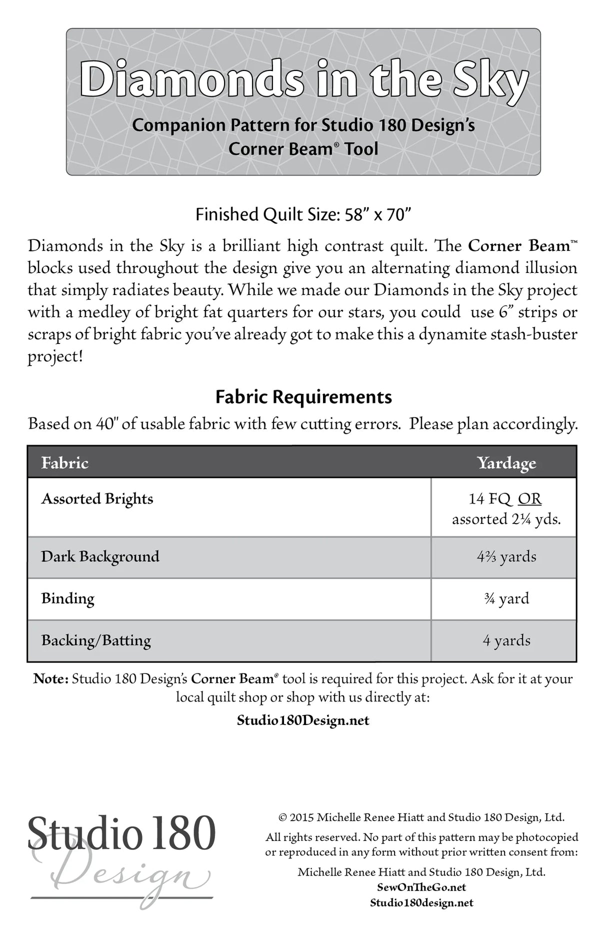 Back of the Diamonds in the Sky Quilt Pattern by Studio 180 Designs