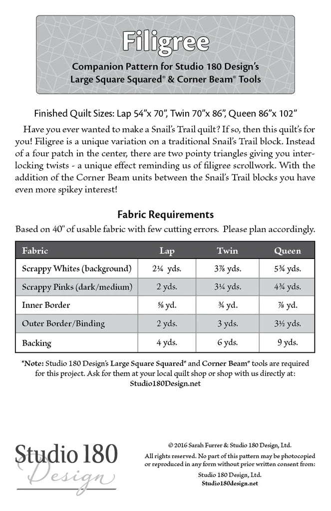 Back of the Filigree Quilt Pattern by Studio 180 Designs