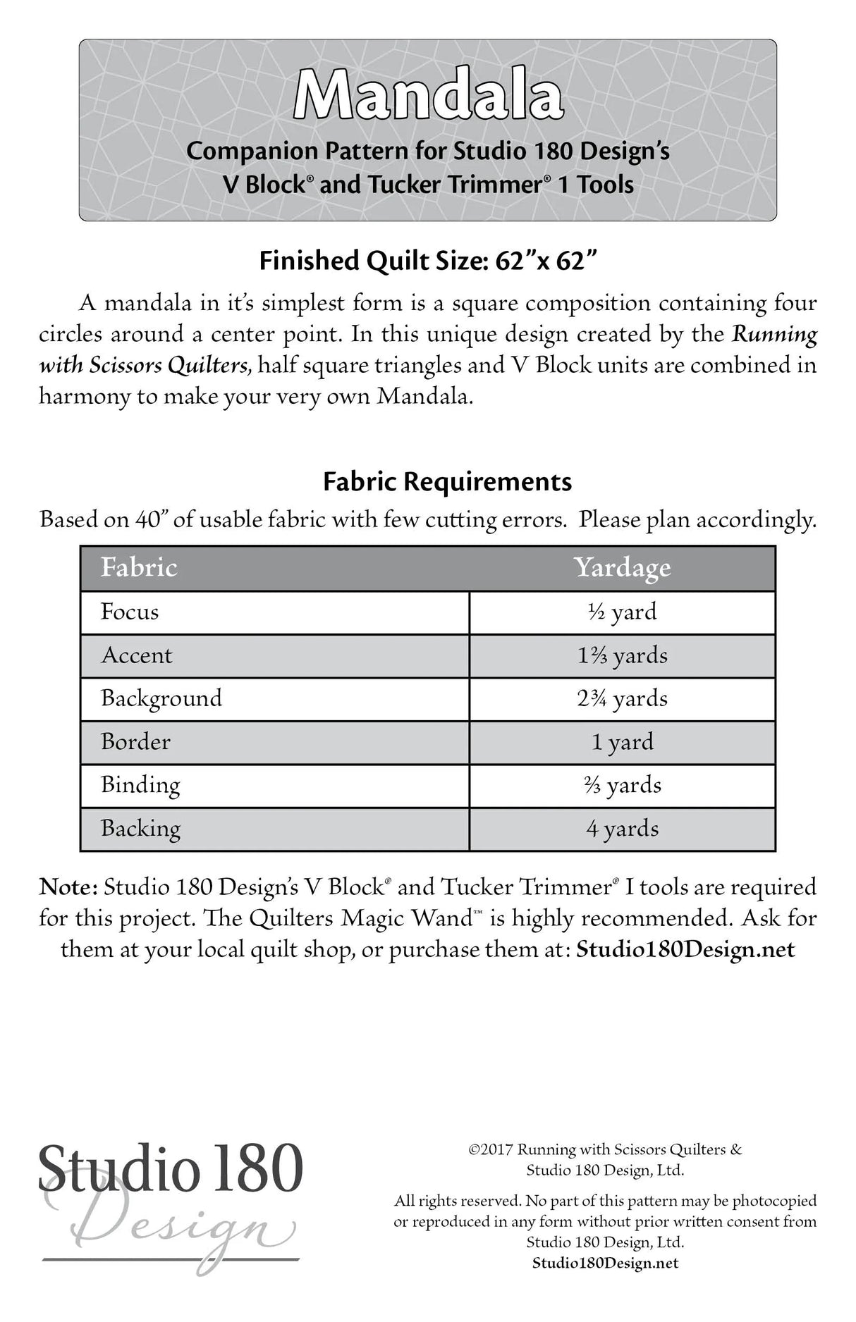 Back of the Mandala Quilt Pattern by Studio 180 Designs