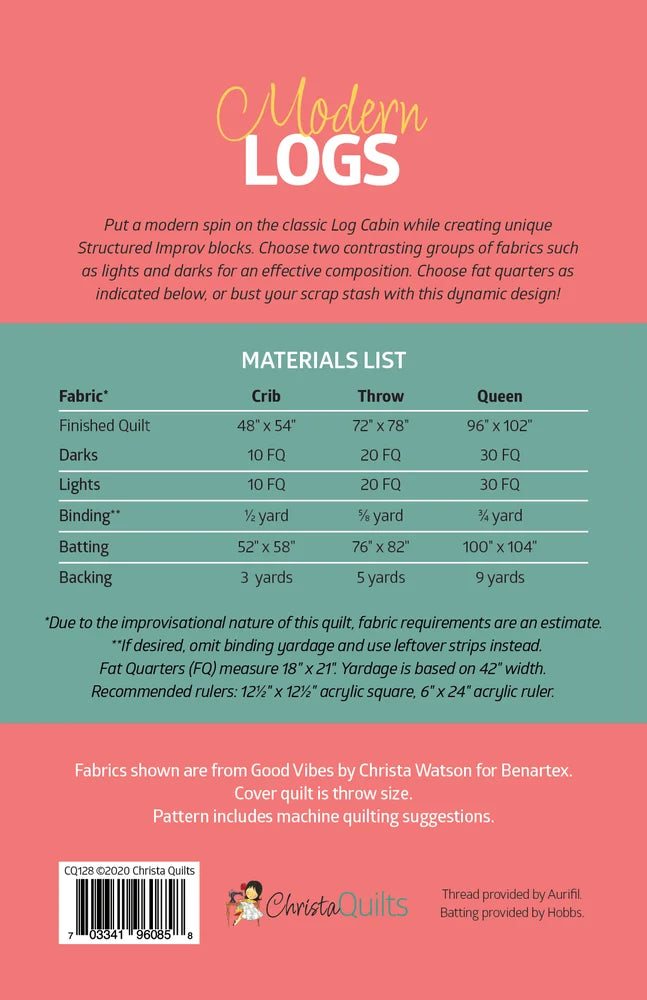 Back of the Modern Logs Downloadable Pattern by Christa Quilts