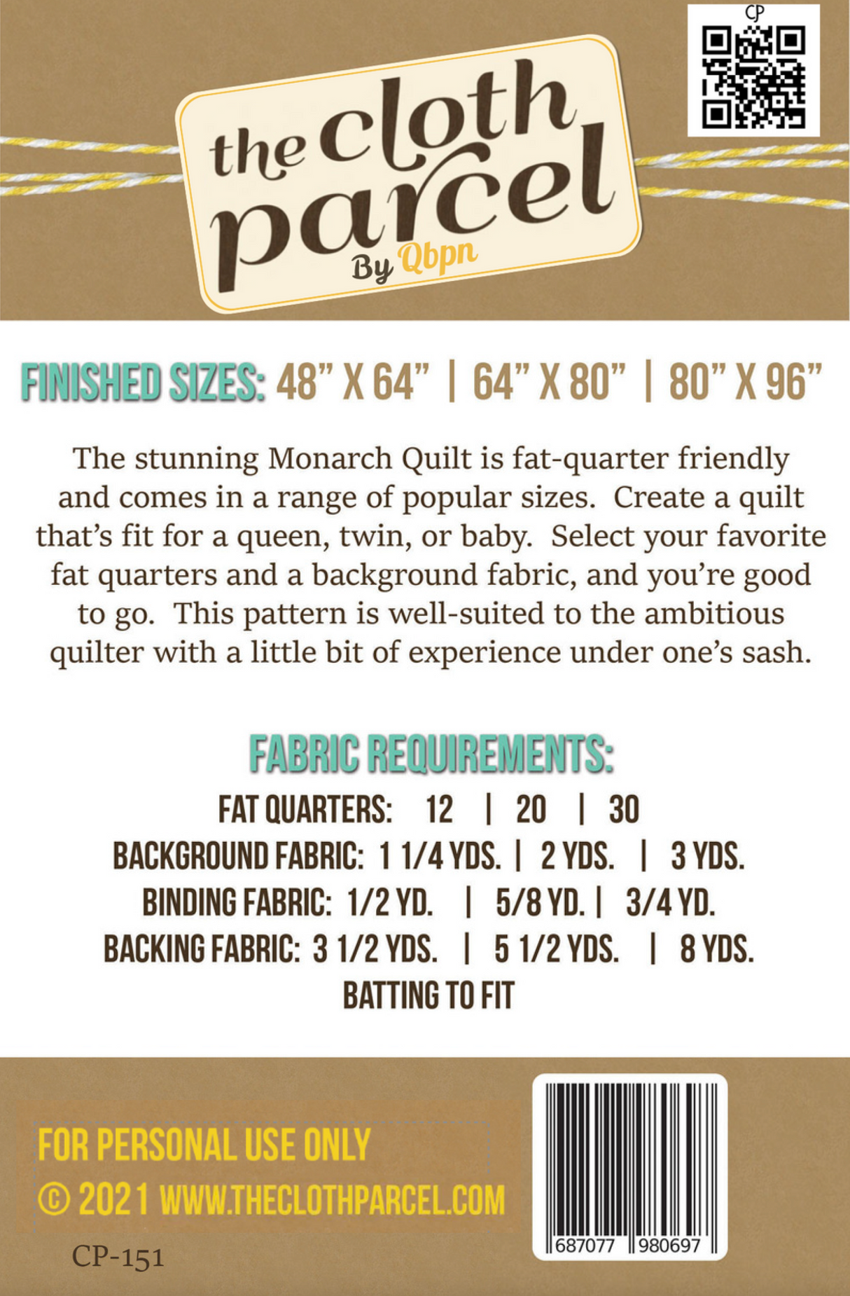 Back of the Monarch Quilt Downloadable Pattern by Cloth Parcel