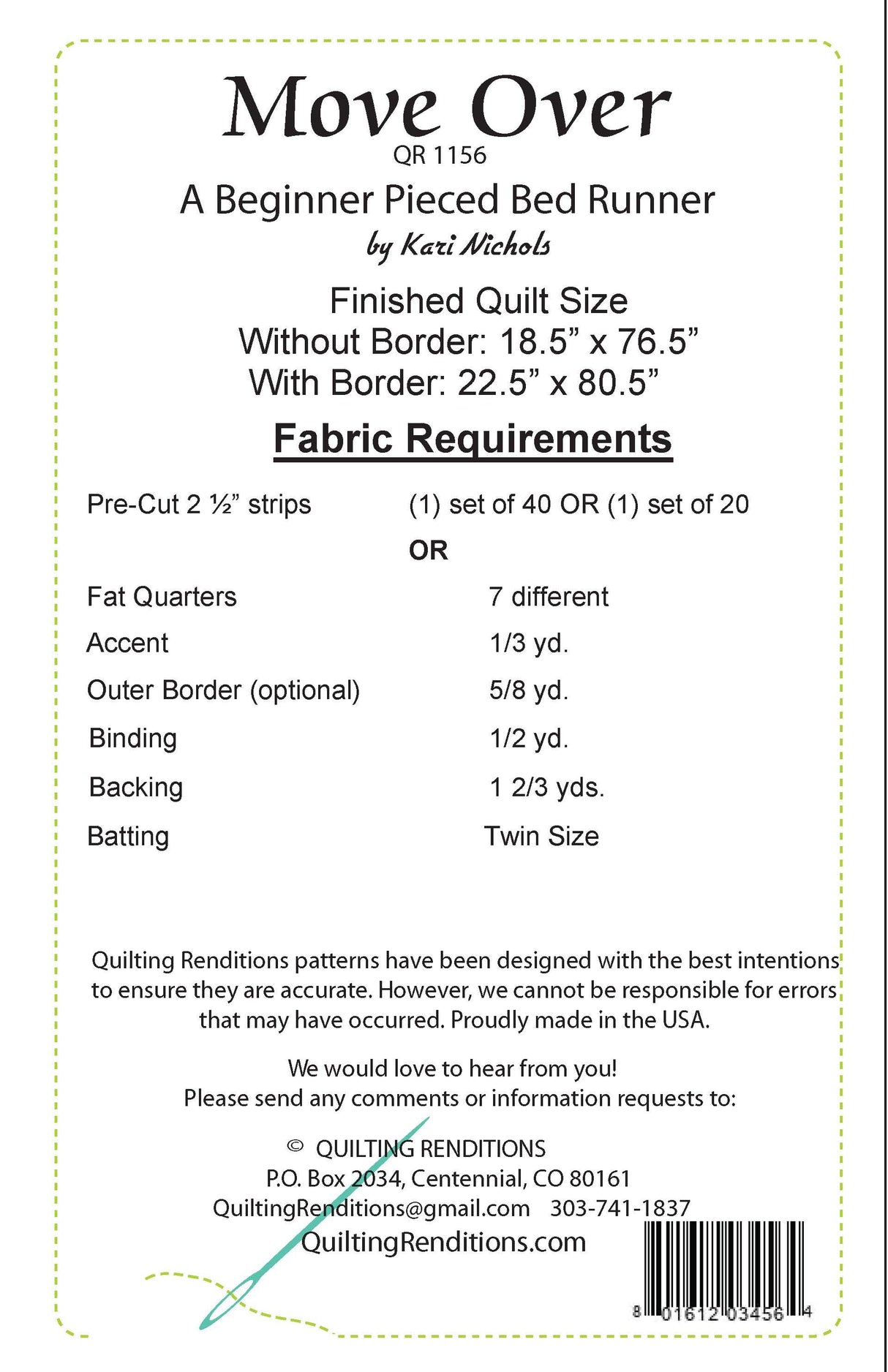 Back of the Move Over Pattern by Quilting Renditions