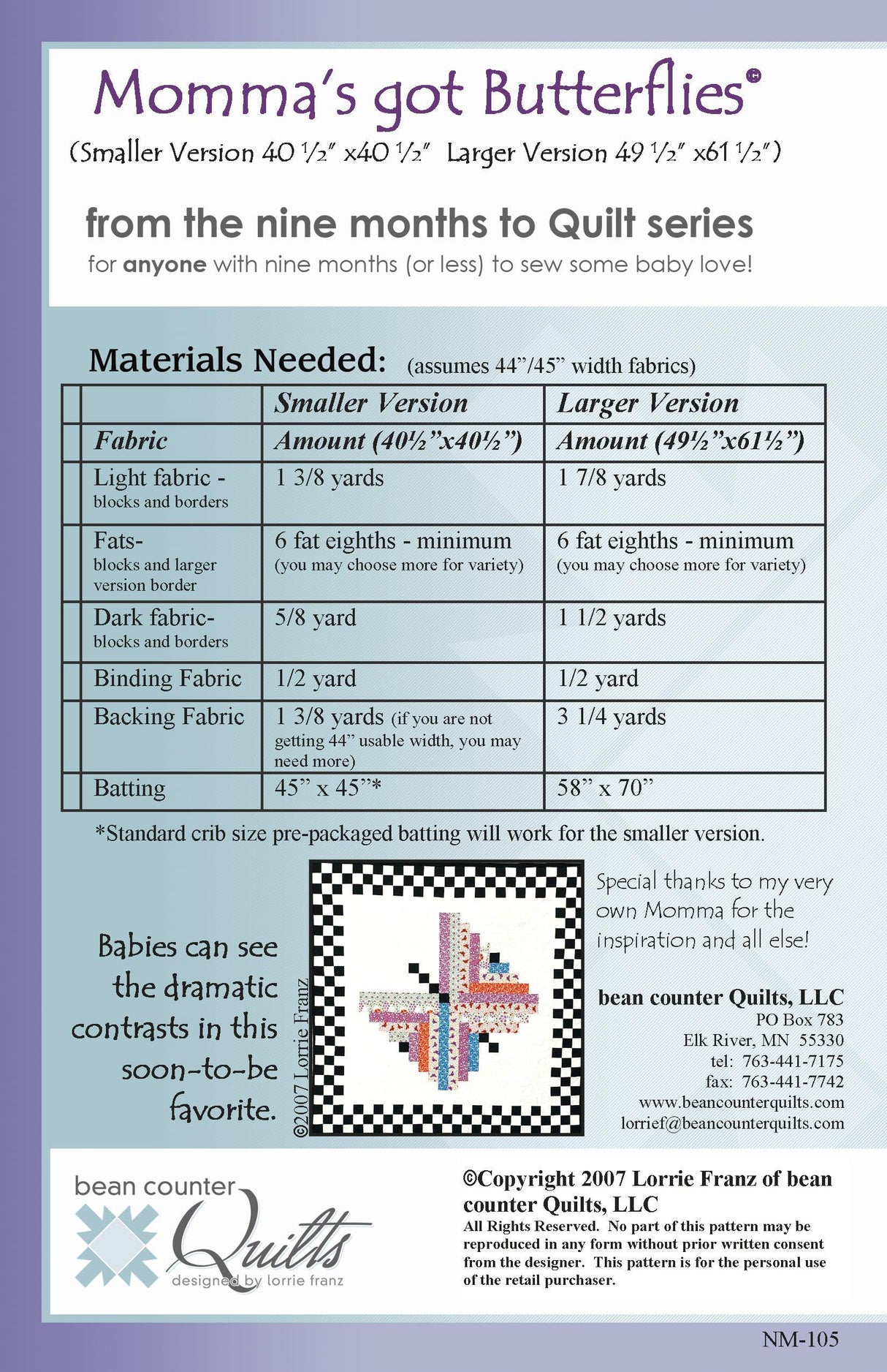 Back of the Momma's Got Butterflies Quilt Pattern by Bean Counter Quilts