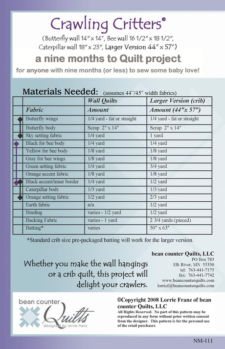 Back of the Crawling Critters Quilt Pattern by Bean Counter Quilts