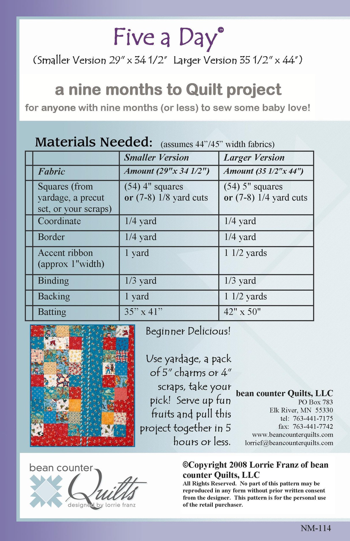 Back of the Five A Day Quilt Pattern by Bean Counter Quilts