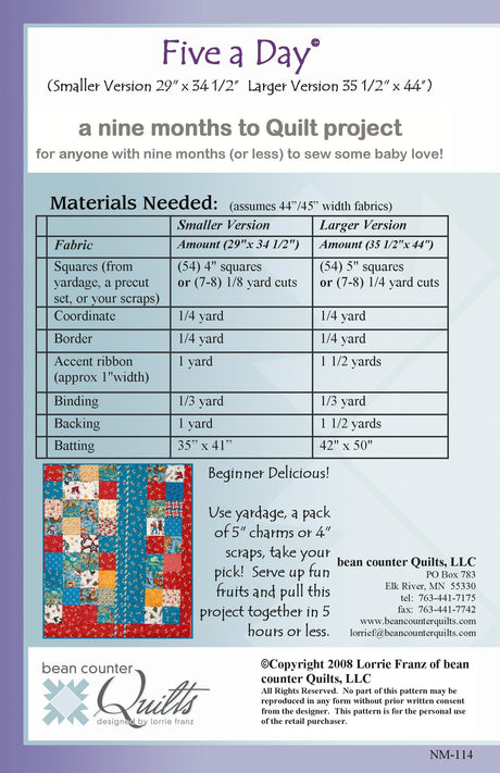 Back of the Five A Day Quilt Pattern by Bean Counter Quilts