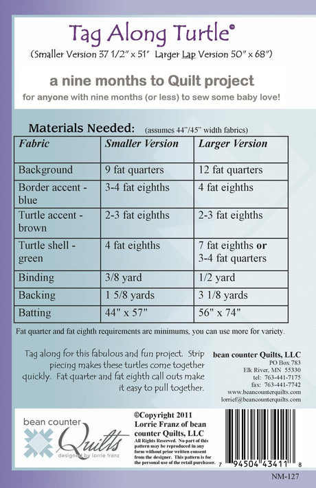 Back of the Tag Along Turtle Quilt Pattern by Bean Counter Quilts