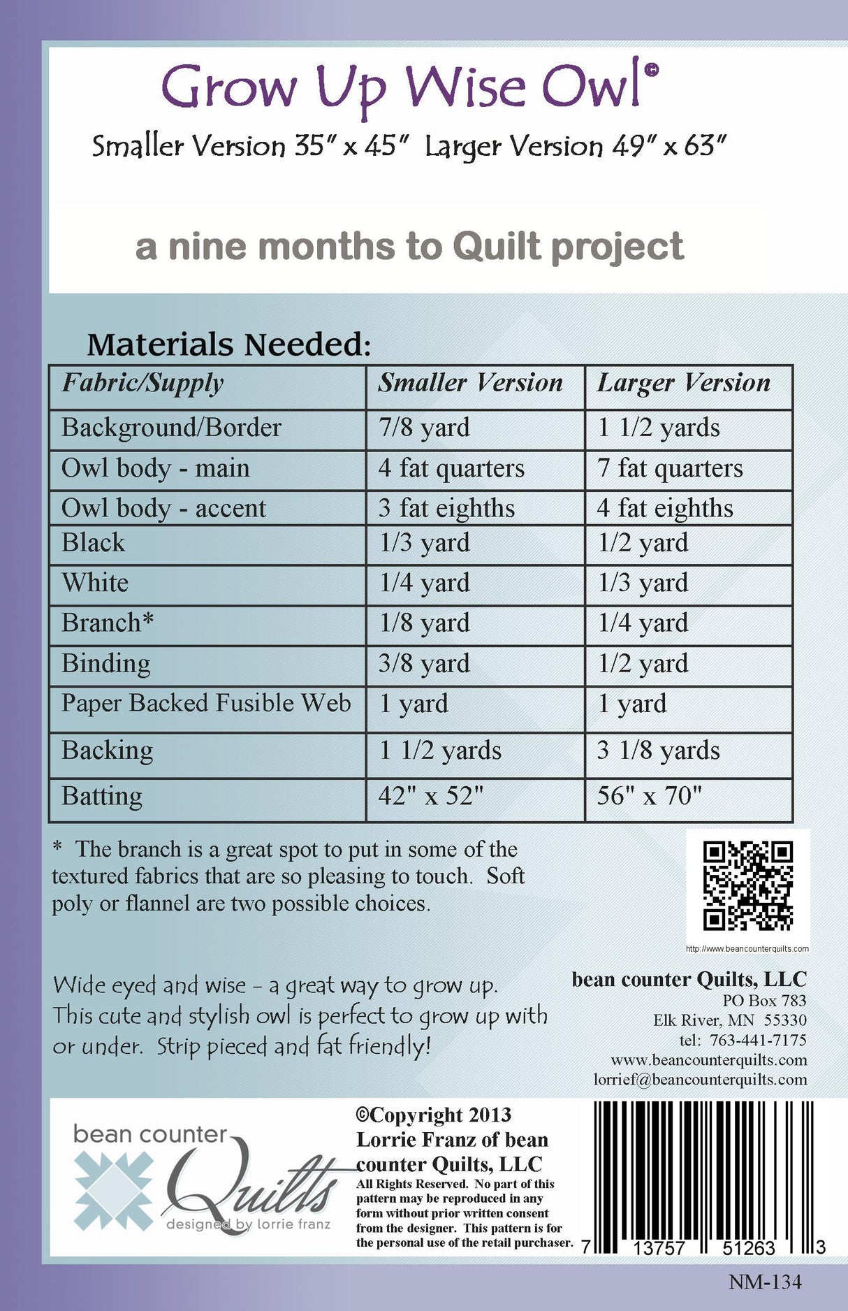 Back of the Grow Up Wise Owl Quilt Pattern by Bean Counter Quilts