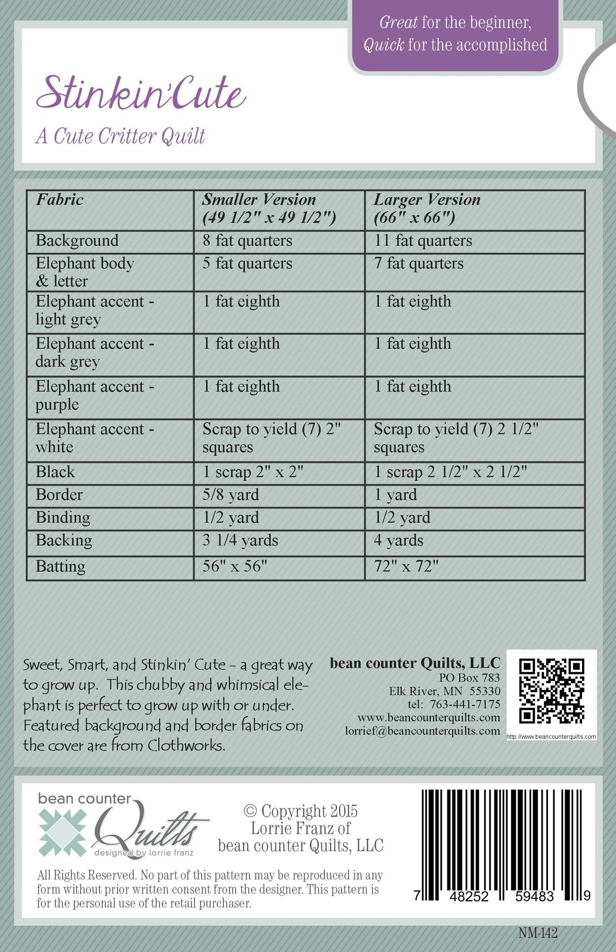 Back of the Stinking Cute Quilt Pattern by Bean Counter quilts
