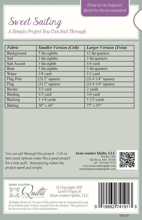 Back of the Sweet Sailing Quilt Pattern by Bean Counter Quilts