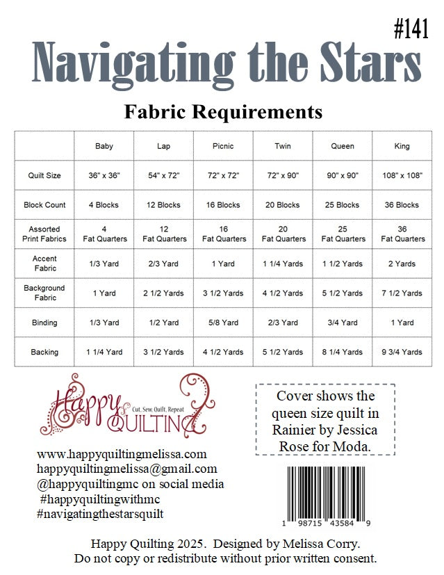 Back of the Navigating The Stars Downloadable Pattern by Happy Quilting Melissa Corry