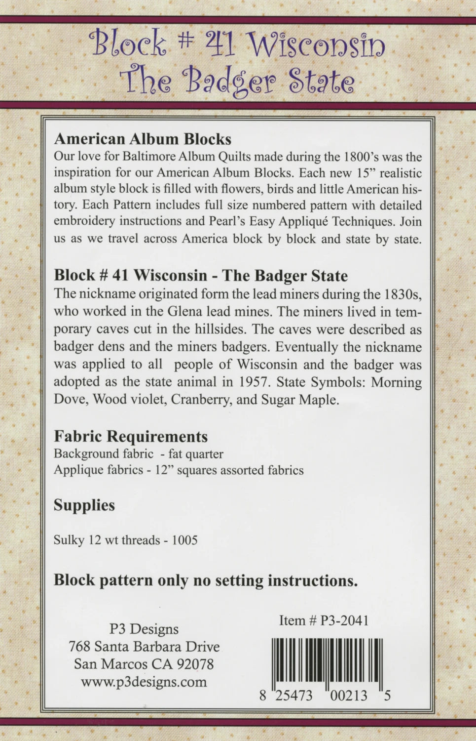 American Album - Wisconsin Badger State Block 41 by P3 Designs