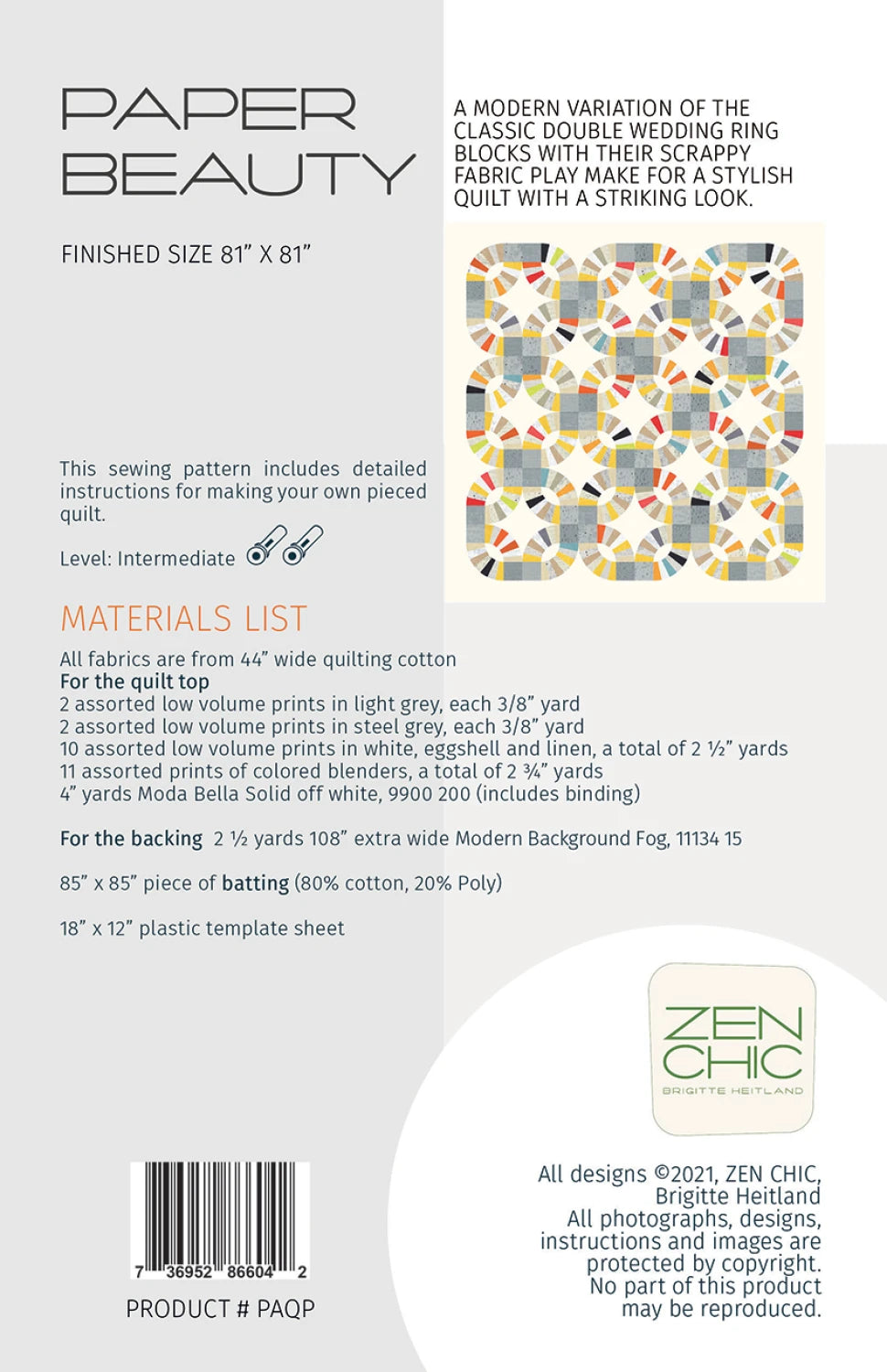 Back of the Paper Beauty Quilt Pattern by Zen Chic