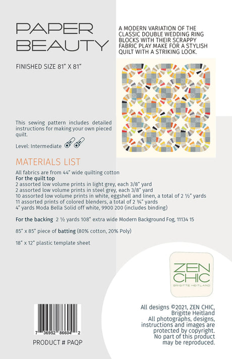 Back of the Paper Beauty Quilt Pattern by Zen Chic