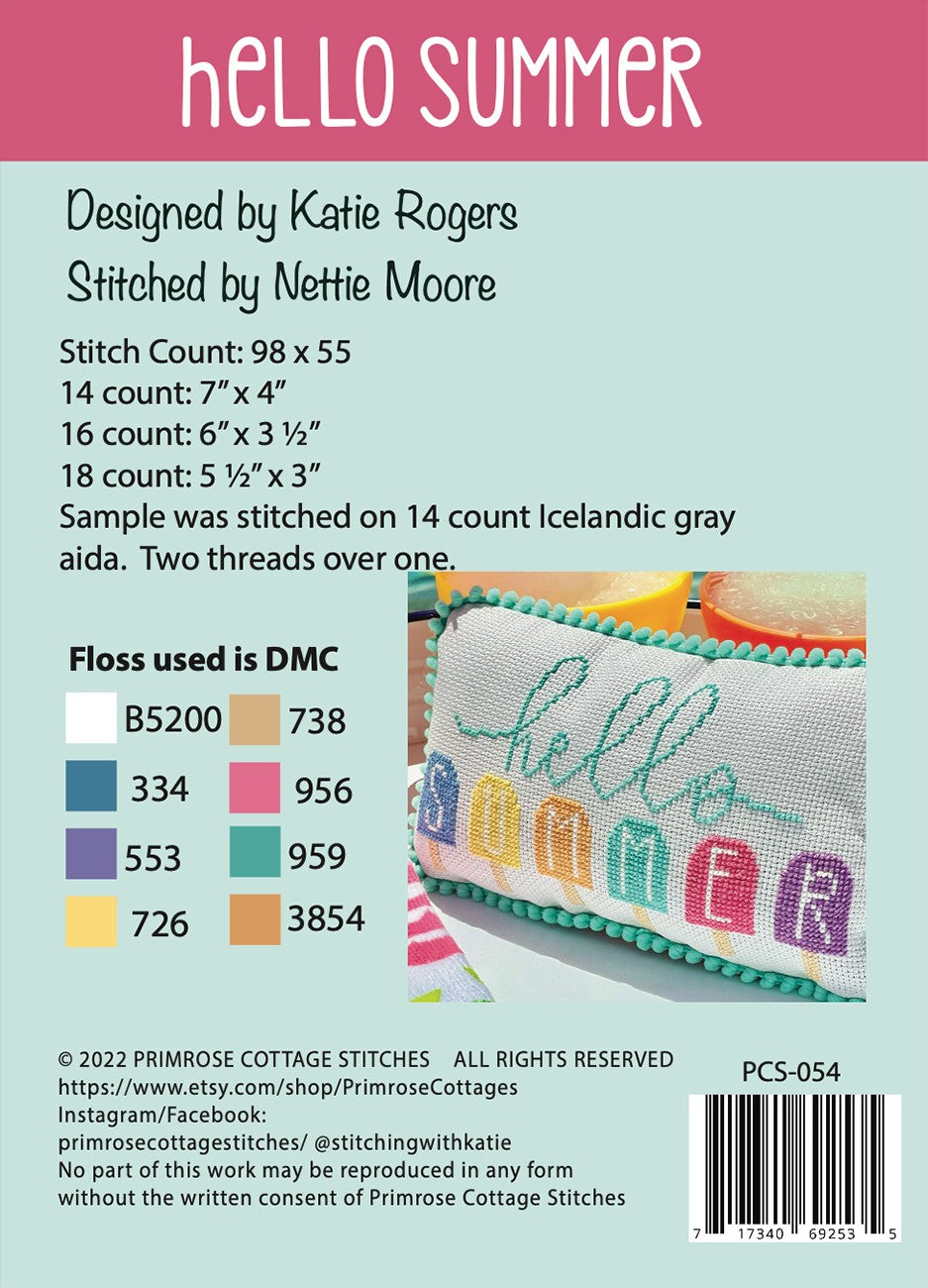 Back of the Hello Summer Cross Stitch Pattern by Primrose Cottage